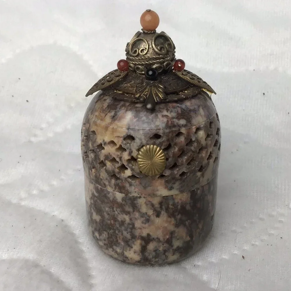 Vintage Jo Marz Soapstone Marble Trinket Pill Box Angel Leaves Beautiful Patina